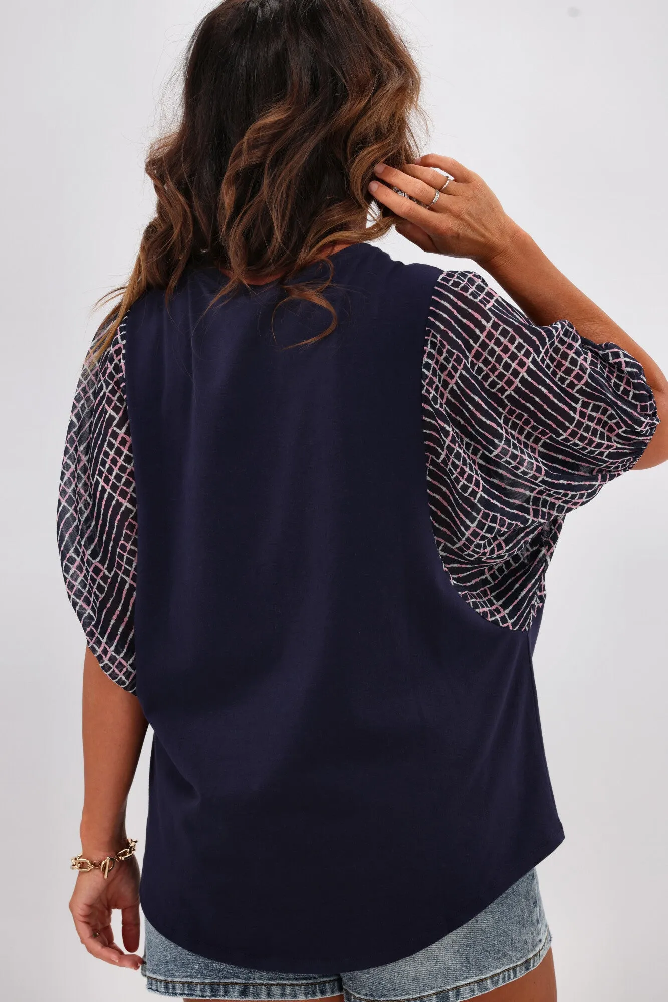 Shine On Label Selma Chiffon Sleeve Top Ink w Square Print