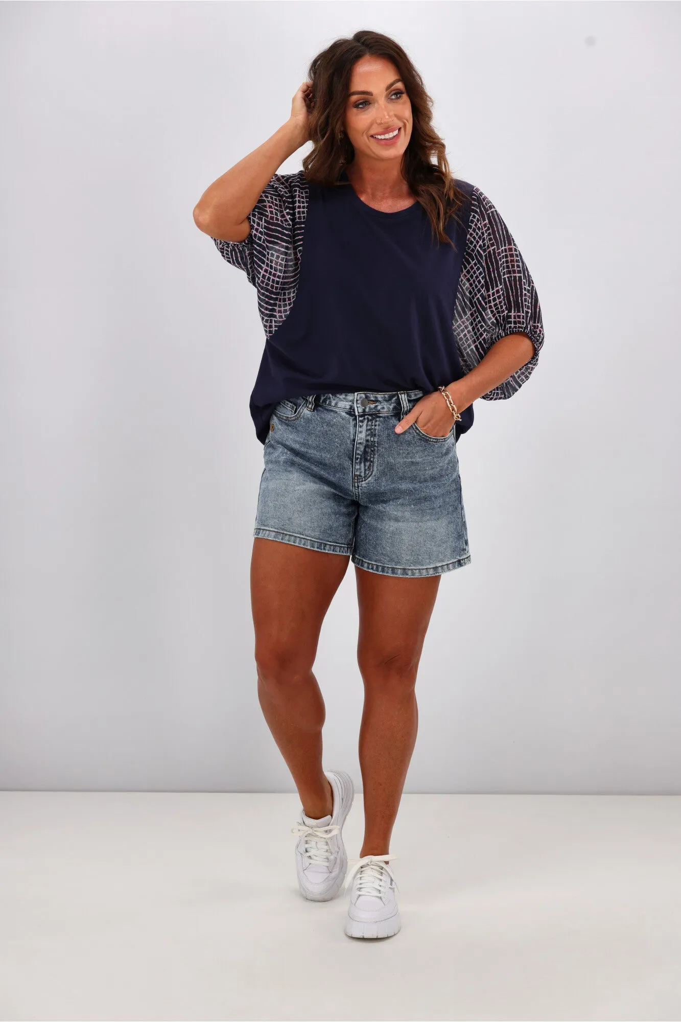 Shine On Label Selma Chiffon Sleeve Top Ink w Square Print
