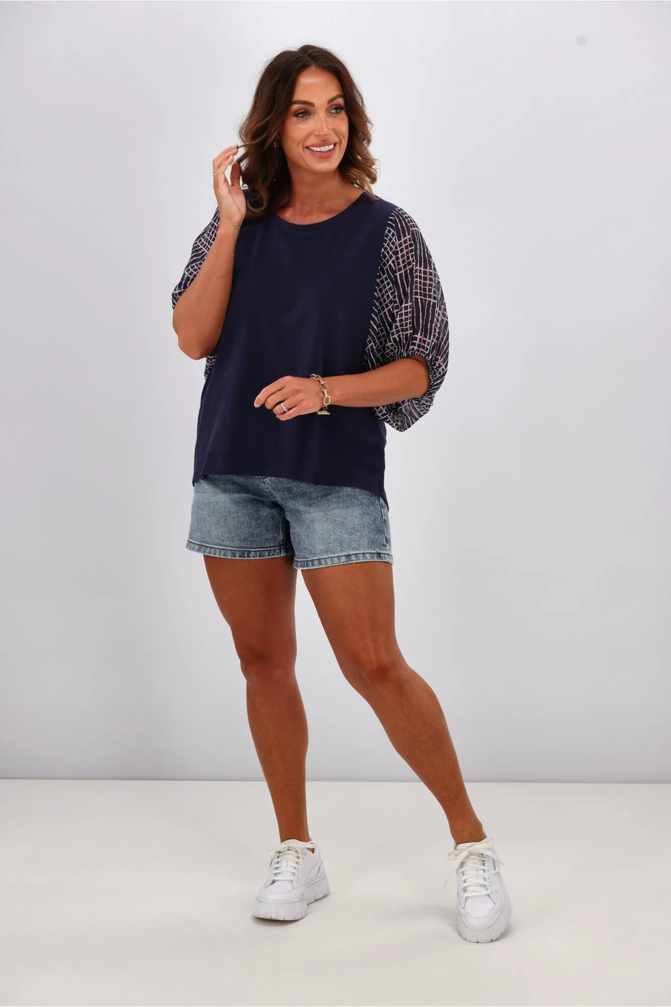 Shine On Label Selma Chiffon Sleeve Top Ink w Square Print