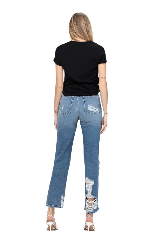 Super High Rise Tattered Ankle Straight Jeans by Flying Monkey