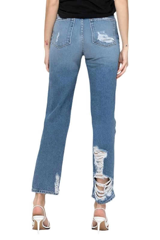 Super High Rise Tattered Ankle Straight Jeans by Flying Monkey