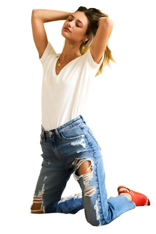 Super High Rise Tattered Ankle Straight Jeans by Flying Monkey