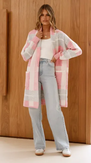 Vaza Longline Knit Cardigan - Pink/White