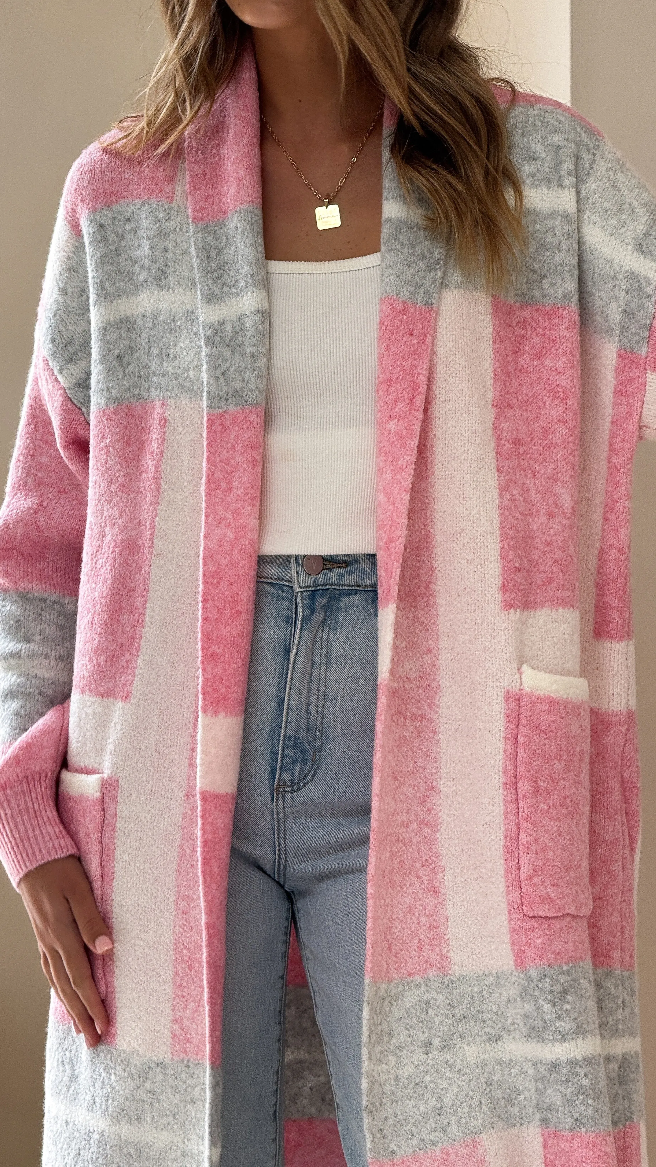 Vaza Longline Knit Cardigan - Pink/White