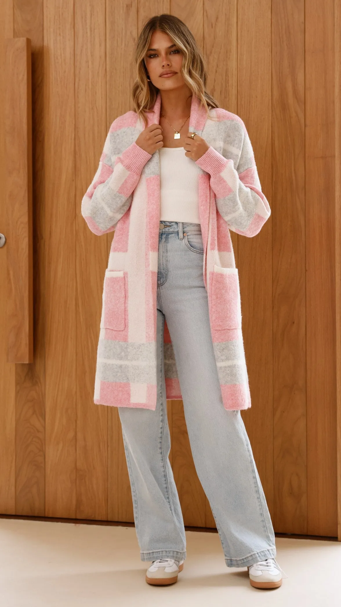 Vaza Longline Knit Cardigan - Pink/White