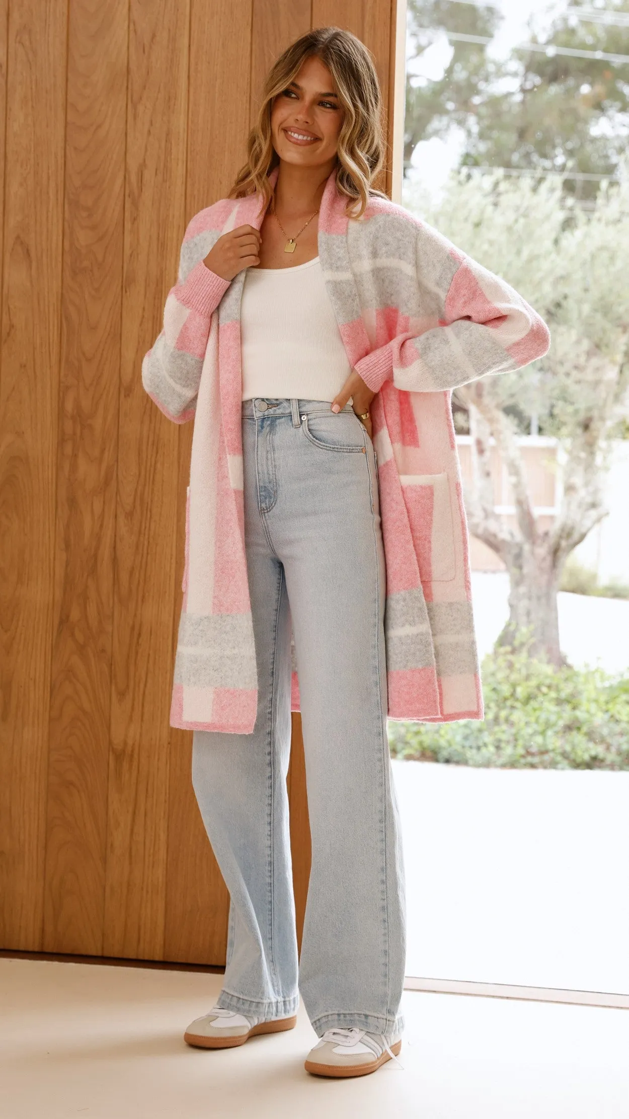 Vaza Longline Knit Cardigan - Pink/White