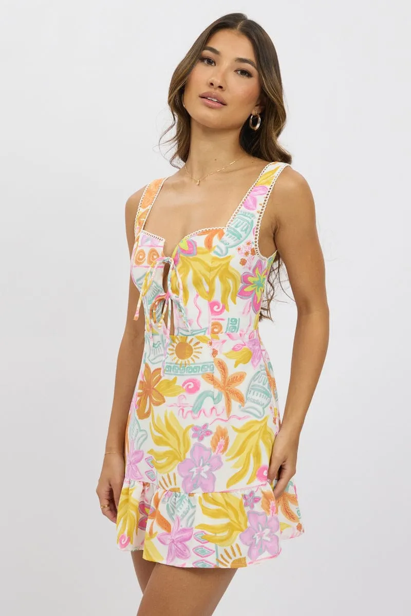 White Abstract Fit And Flare Dress Mini