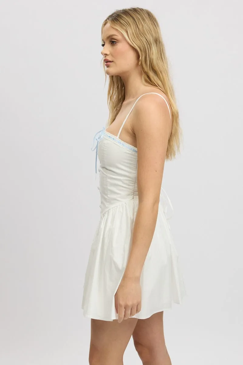 White Fit And Flare Dress Ribbon Tape Mini