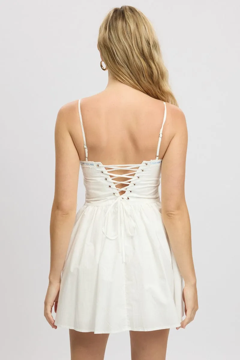 White Fit And Flare Dress Ribbon Tape Mini