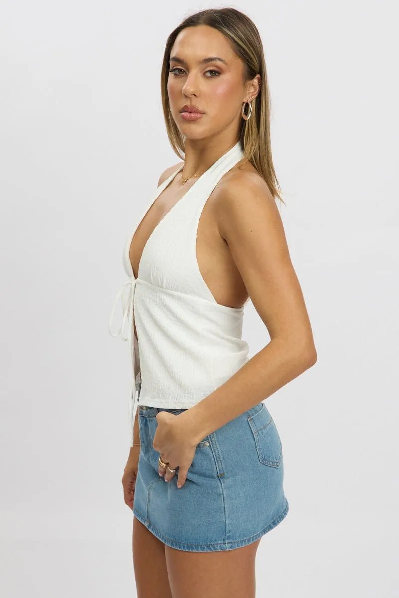 White Textured Top Halter Neck Tie Up Front