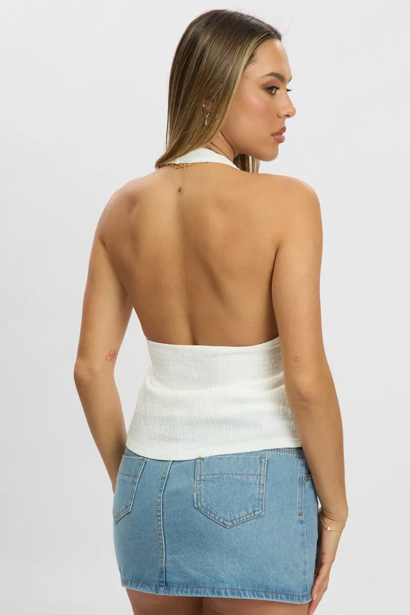 White Textured Top Halter Neck Tie Up Front