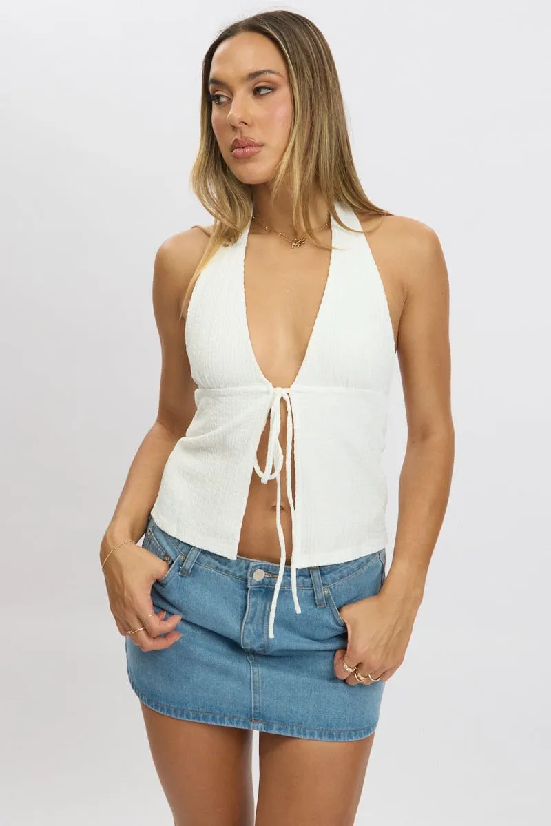 White Textured Top Halter Neck Tie Up Front