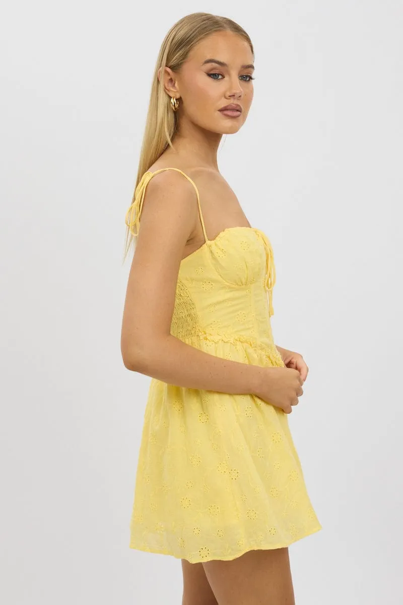 Yellow Fit And Flare Dress Mini Eyelet Fabric
